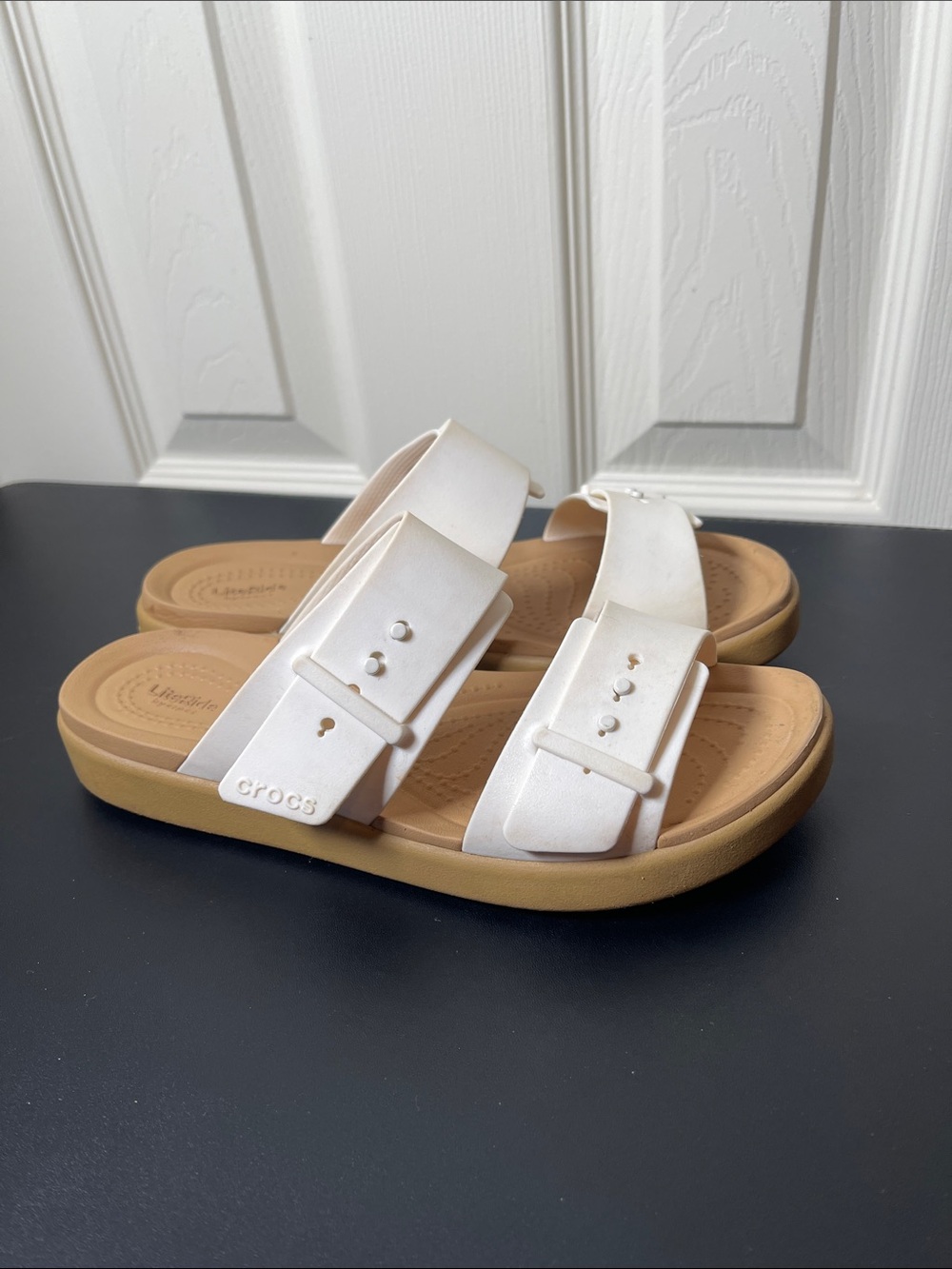 CROCS Women's White Double-Buckle Slide Sandals - Picture 2 of 5